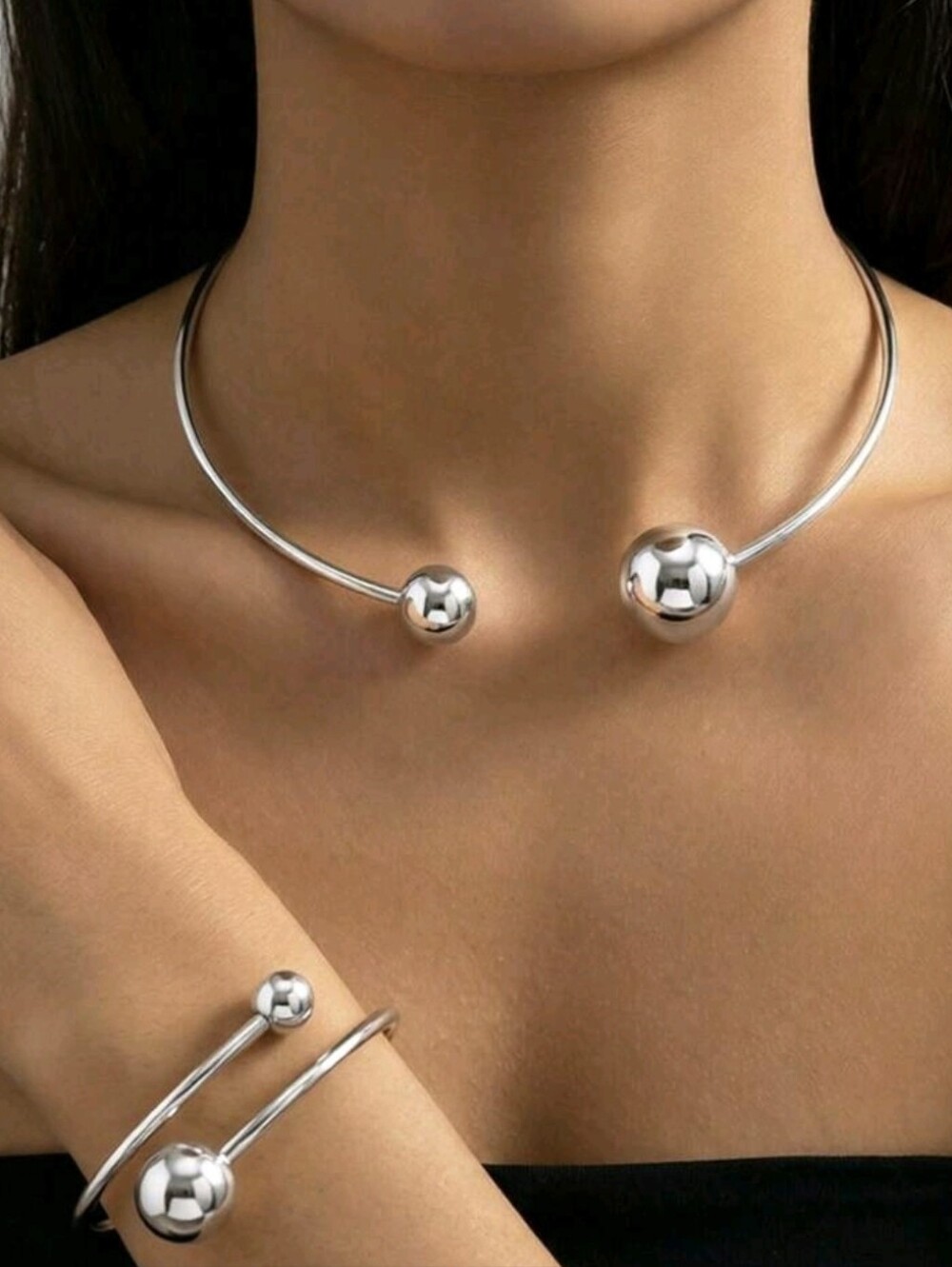 Silver Open Ball Collar Necklace and Bracelet Set